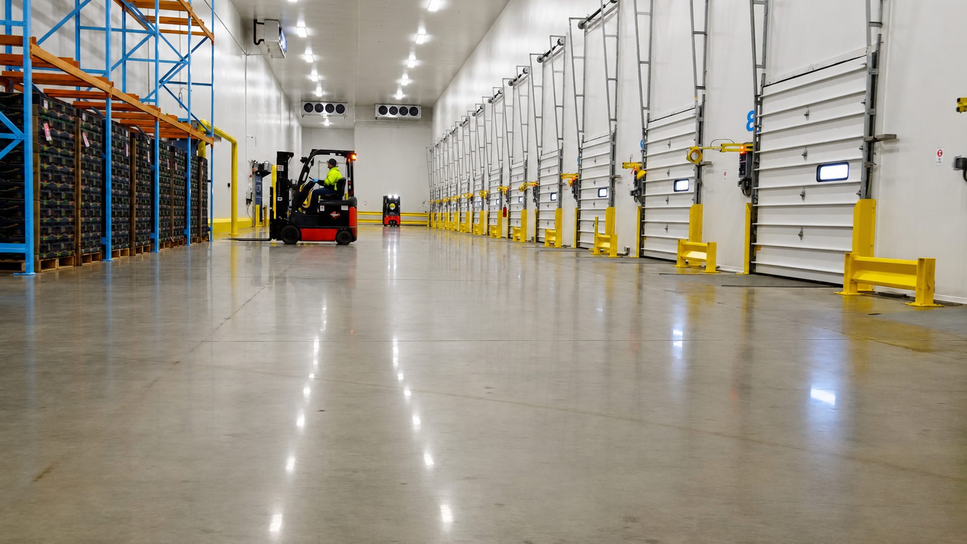 Refrigerated Traveler Produce warehouse with loading doors, produce racking and forklift activity