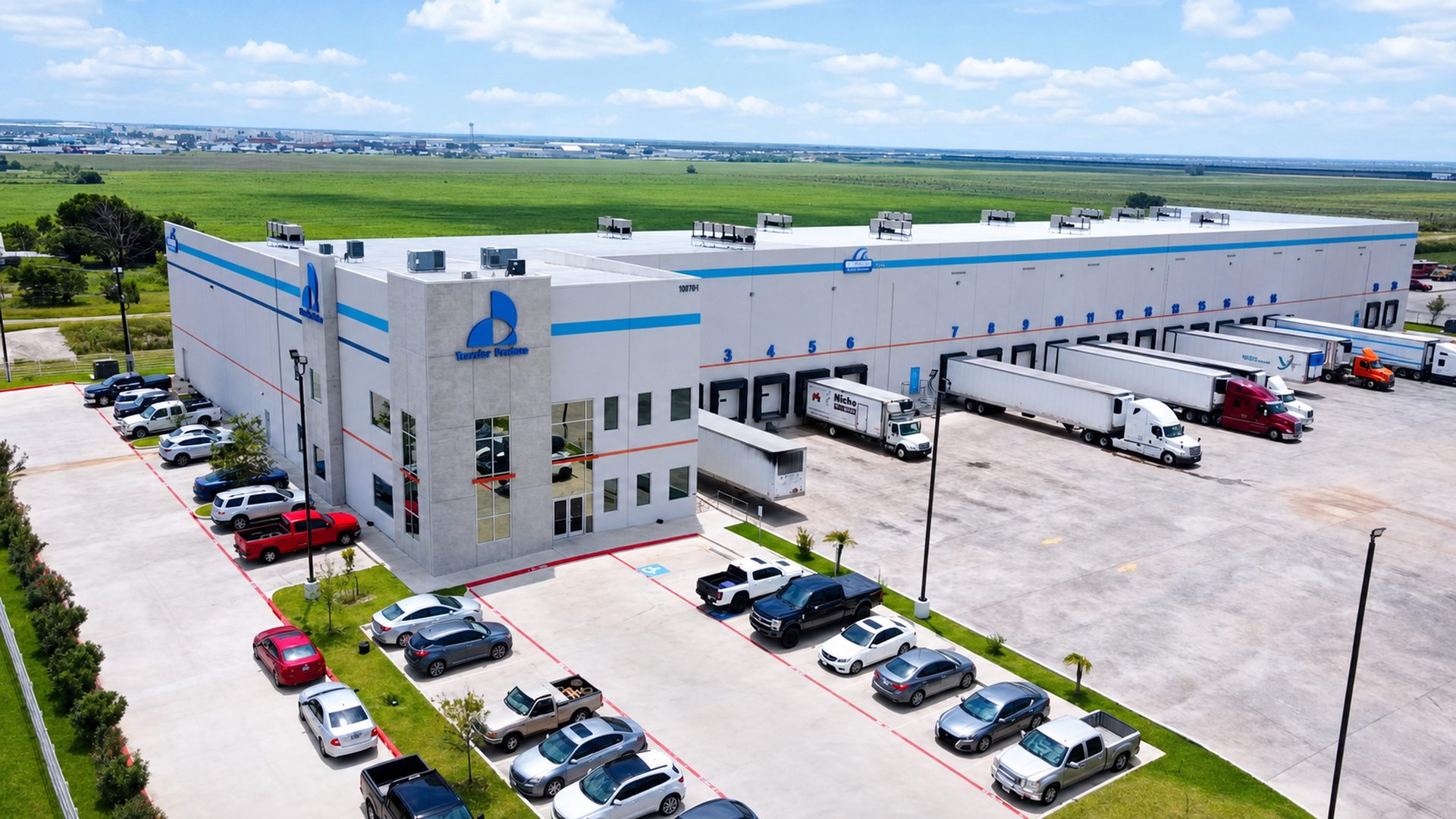 Aerial view of the Traveler Produce distribution center, loading docks and transportation activity
