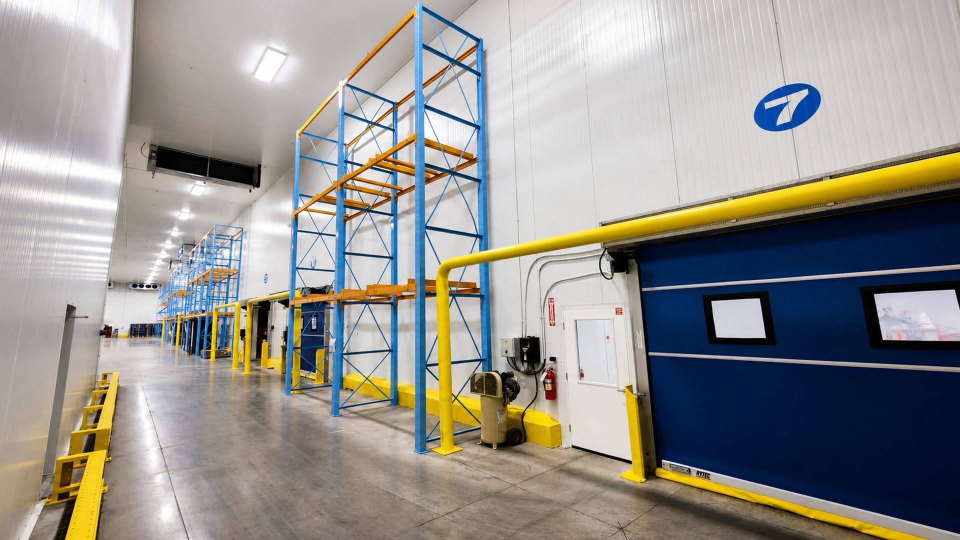Insulated dock door number seven, pallet racking and safety barriers in a temperature-controlled corridor