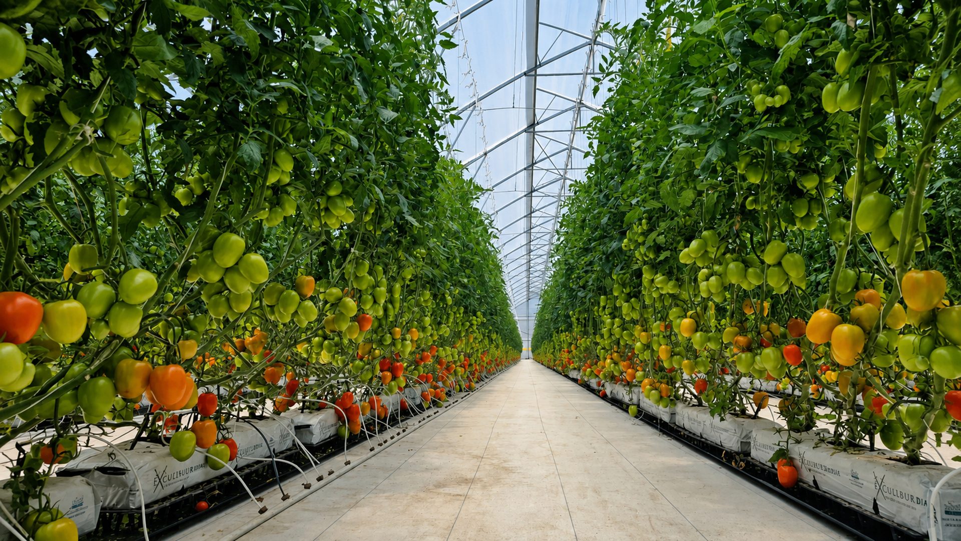 Long symmetrical rows of tomato plants inside a modern greenhouse